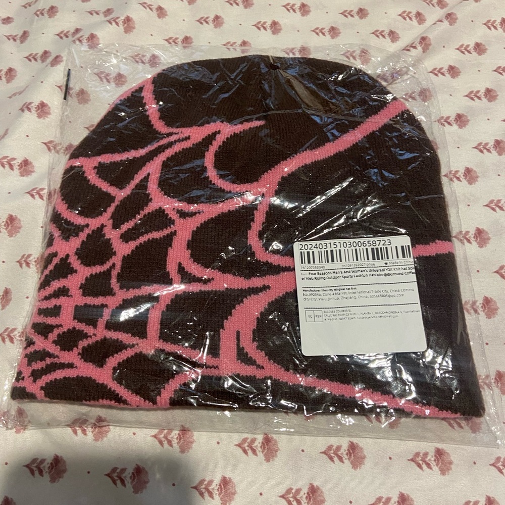 Brown and Pink Spider Web Beanie